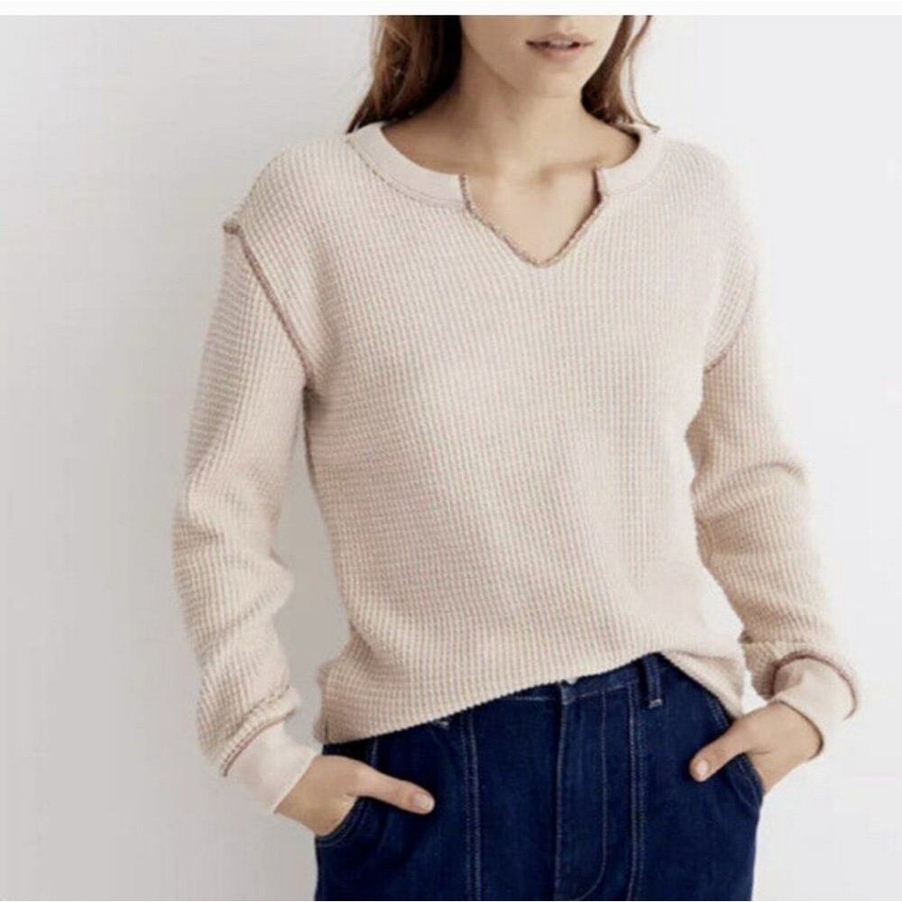 Madewell Waffle Split Neck Long Sleeve Cropped Tee in Avalon Pink